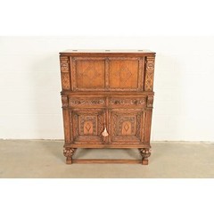 Antique English Jacobean Carved Oak Bar Cabinet, Circa 1920s