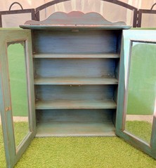 Vtg Farmhouse Teal Wall Curio Cabinet Glass Door Display Distressed Shabby Chic