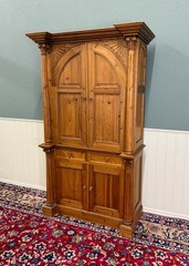 Vintage English Large Pine Cupboard Cabinet Corinthian Capitals Fluted Columns