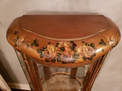 Antique Hand Painted Roses Wooden Curved Glass Curio Cabinet w/ Ormolu Trim