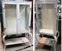 Pair of Steel Medical Cabinets with Beveled & Wavy Glass on Cabriole Legs