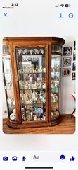 VINTAGE OAK CHINA CURIO CABINET W CUT & ETCHED GLASS