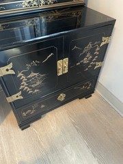 Antique Asian Wooden Cabinet with Ornate Brass Hardware and Four Drawers