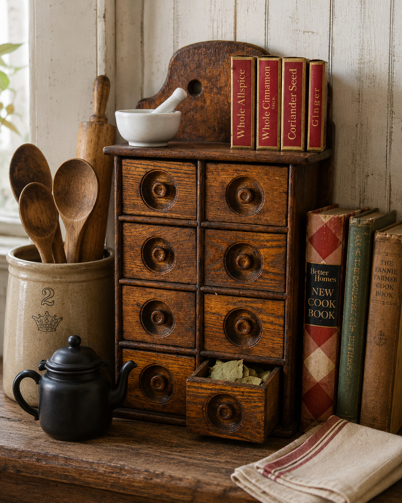 Antique Primitive 8 Drawer Oak Wall Cabinet Farmhouse Apothecary Storage