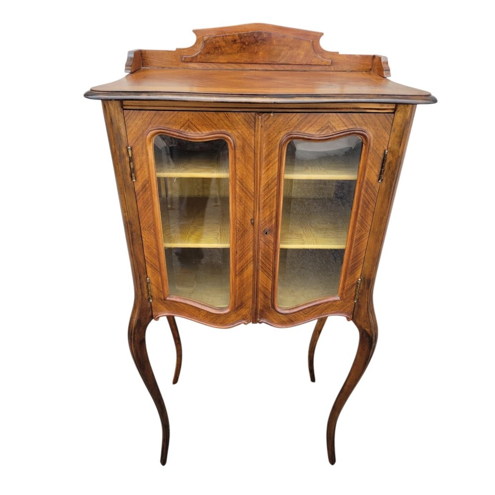 19th C French Walnut Curio Cabinet Display Vitrine Glass Doors Cabriole Legs