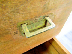 Antique Japanese Four Drawer Heavy Wooden Cabinet with Metal Detail