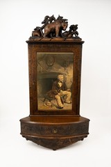 Antique carved Black Forest wood wall corner cabinet bear hunter litho