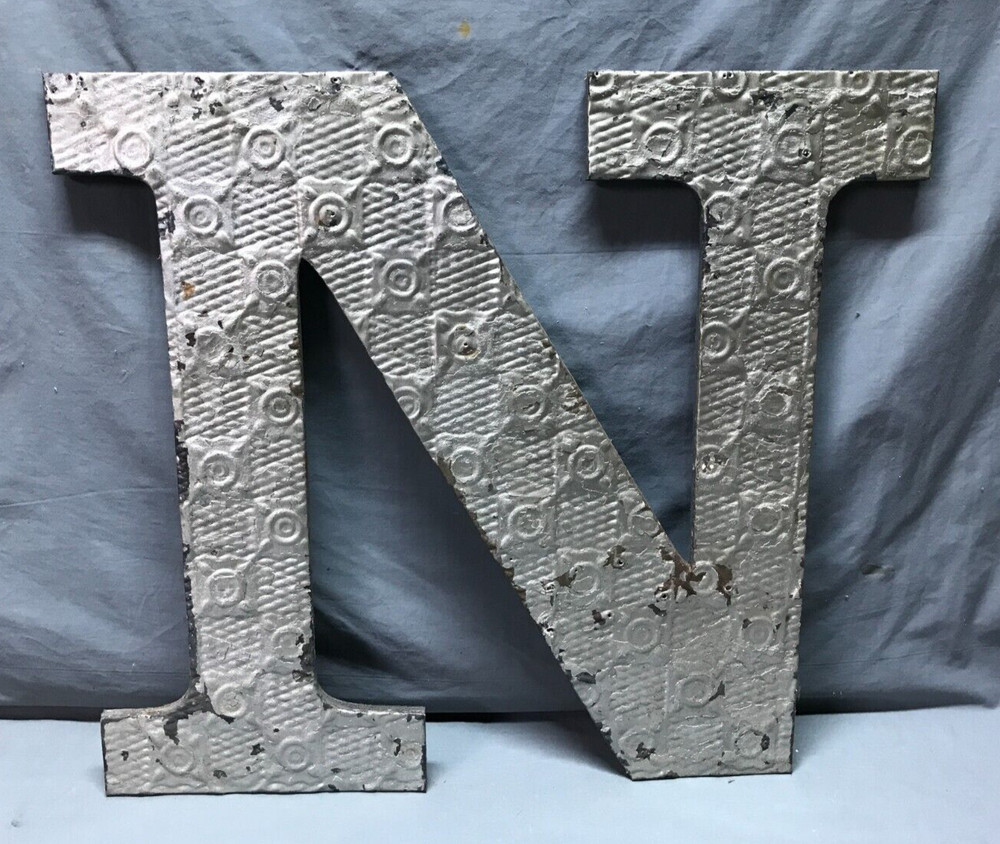 Decorative Salvage Large Tin Ceiling 24″ Silver Metal VTG Letter N Old 205-25B