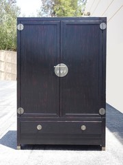 Vintage Asian Baker Furniture Black Lacquer Entertainment Storage Cabinet Armoir