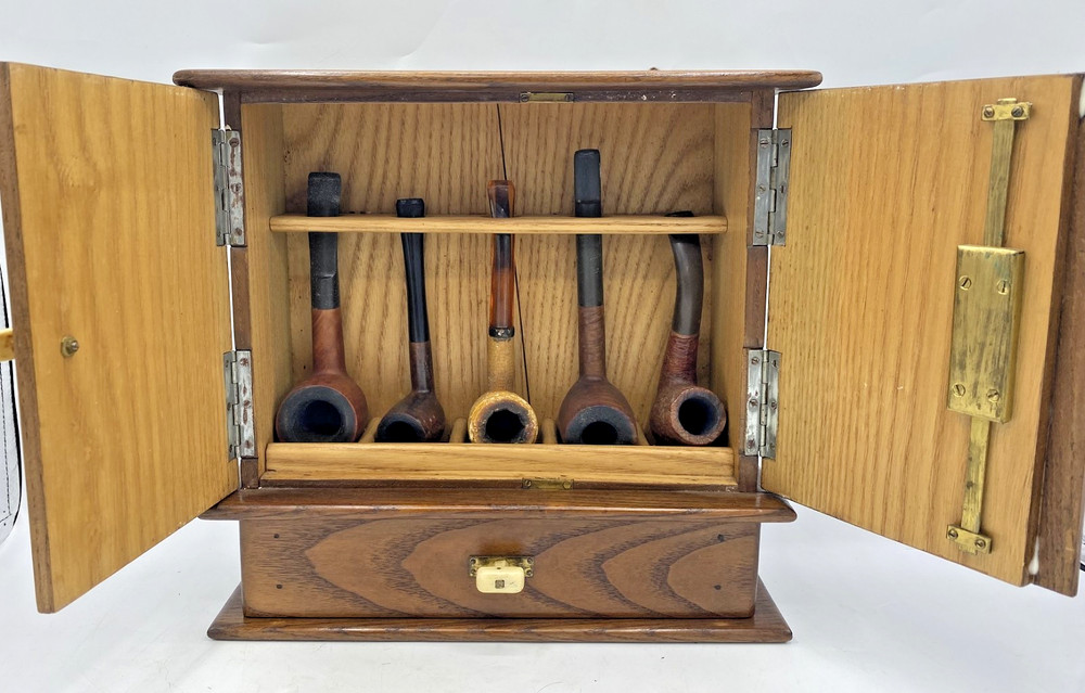 Antique french 1930’s wood smoker cabinet with pipes Art Deco