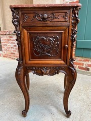 Antique French Nightstand Cabinet Marble Top Louis XV Carved Walnut c1890