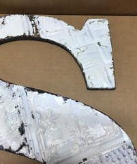Decorative Salvaged Tin Ceiling 17″ Patchwork Shabby White Letter S Old 617-26B