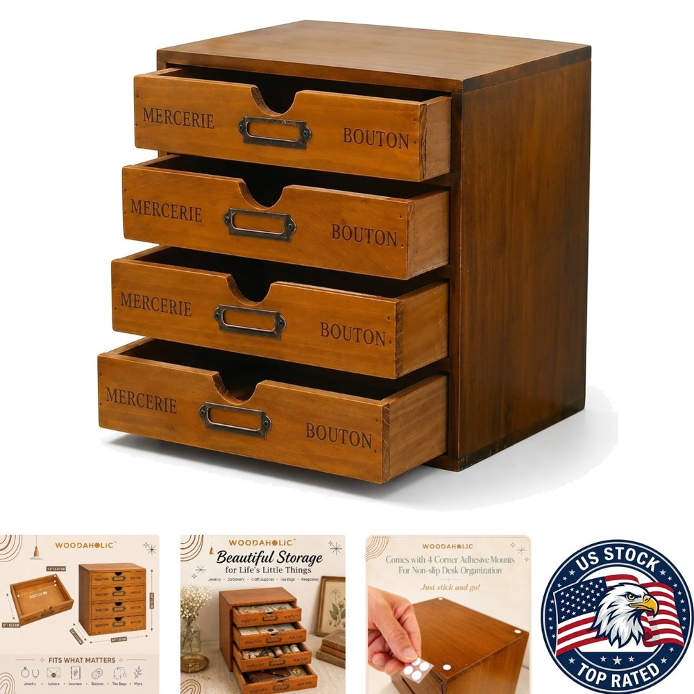 Pre-Assembled 4 Drawer Stackable Wood Storage – Elegant Organizer for Desktop