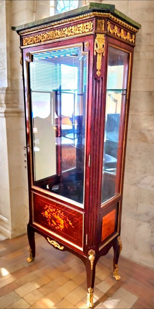 Louis XV Style Vitrine Marquetry 19Century with Marble Top & Gilded Ornaments 