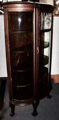 Victorian Carved Wood & Glass Curio Cabinet Leaded Glass Convex Ball & Claw Feet