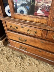 vintage antique quartersawn Oak 2 door upright cabinet – 72” h x 45.5” w x 18” d
