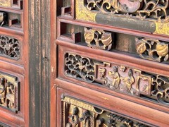 Vintage Oriental Black Red Gold Scenery Carving Storage Cabinet GB101