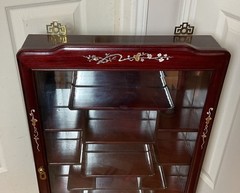 Chinese Carved Rosewood Mother of Pearl Wall Curio Display Cabinet w/Mirror Back