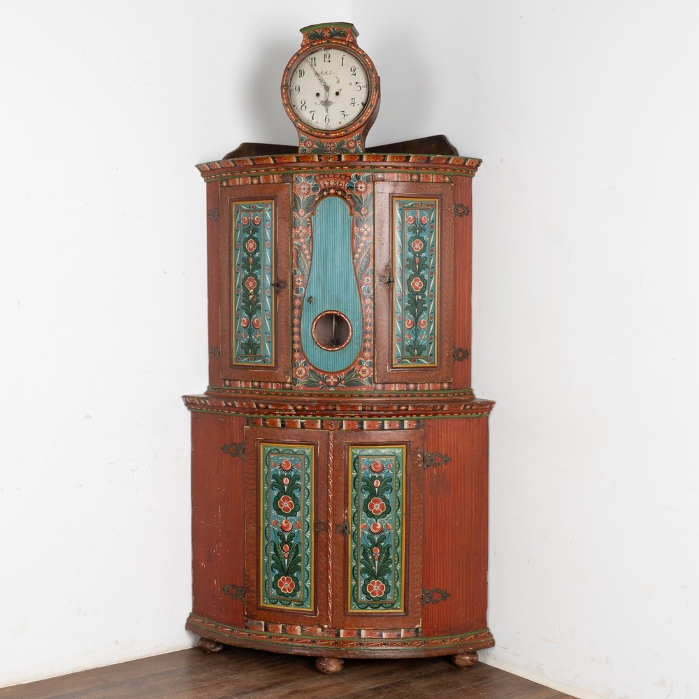 Original Painted Swedish Mora Clock Corner Cabinet, circa 1820-40