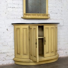 Vintage Neoclassic Revival Blonde Oak Demilune Cabinet or Console and Mirror