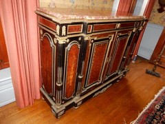 ANTIQUE FRENCH NAPOLEON III INLAID AND BURL ORMOLU MARBLE TOP SIDEBOARD CA. 1860