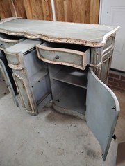 Antique Distressed Blue Wood Base Cabinet Raised Panel Doors Drawers Carvings