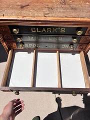 Antique Clark’s Mile End Spool Cotton Cabinet With Embossed Tin