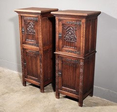 50″ Tall Pair of Vintage French Solid Oak Wood Highly Carved Gothic Cabinets