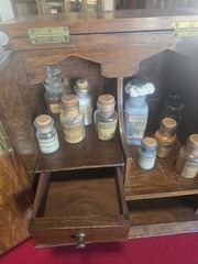 Solid Wood Antique Apothecary Cabinet Box Portable Medicine Chest Glass Bottles