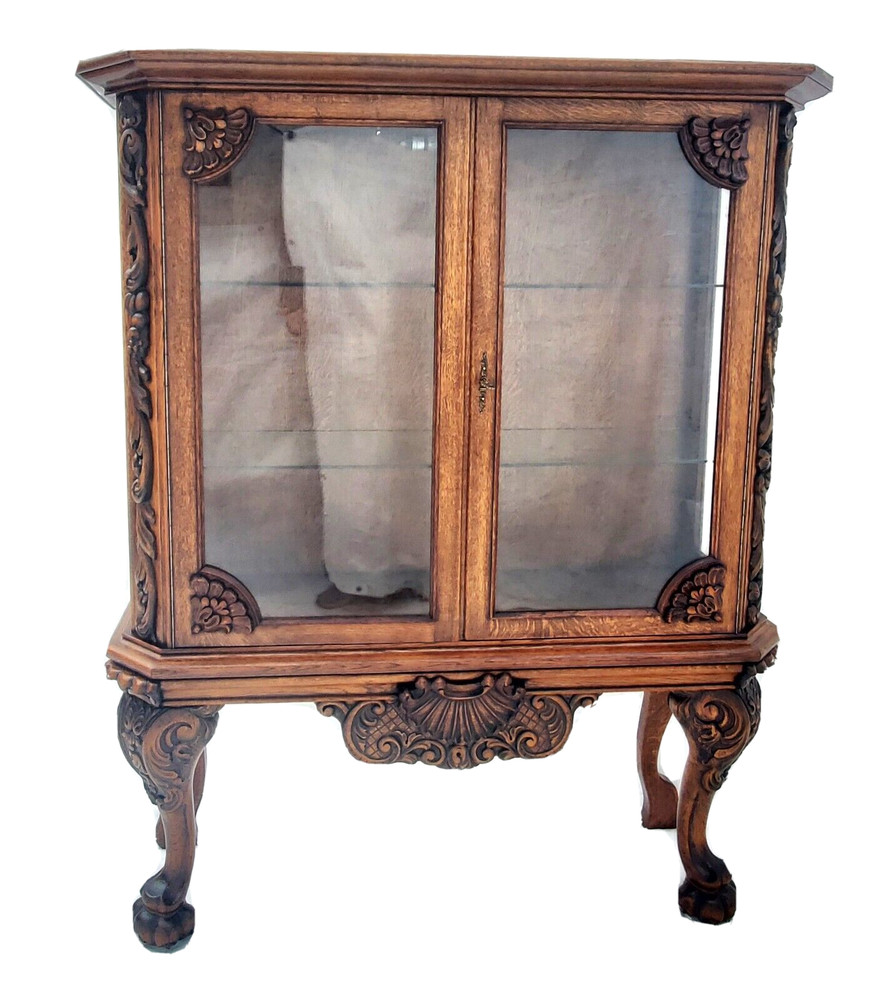 Antique Oak Display China Cabinet Display Hutch with Claw Feet & Ornate Carving