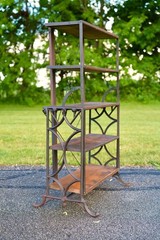 Antique Bakers Rack Cast Iron Leg Industrial Wood Shelf Clothing Rack Vintage