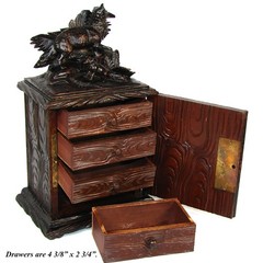 Antique Black Forest Carved 11″ Chest, Cabinet, Box: Animalier Style FOX and Kit