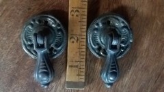 ANTIQUE ORIGINAL PAIR DECORATIVE CAST IRON & COPPER DRAWER DROP PULLS