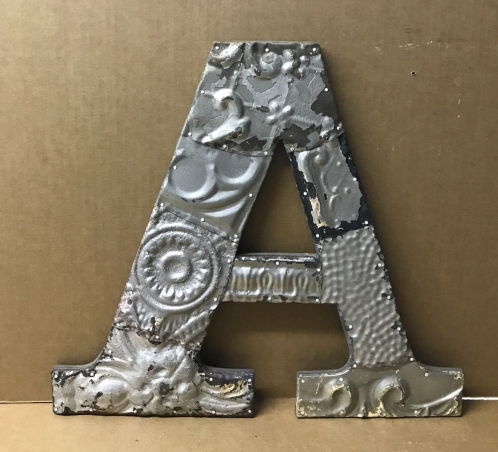 Decorative Salvaged Tin Ceiling 16″ Patchwork Shabby Silver Letter A Old 224-26B