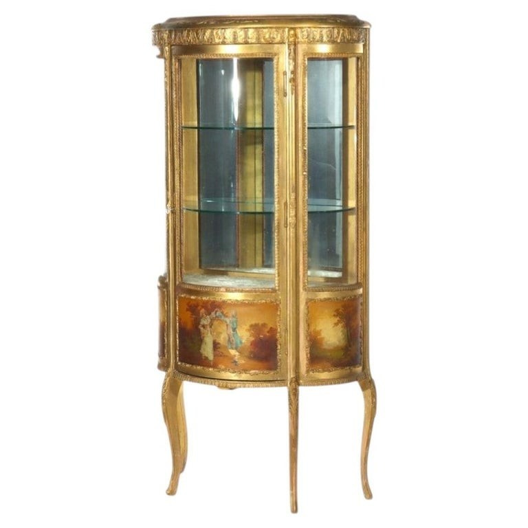 French Louis XVI Style Vernis Martin Decortated Gilt Wood & Ormolu Vitrine c1890