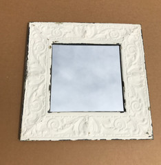 VTG Decorative White Salvaged Tin Ceiling 23″ SQ. Metal 13″ Mirror Old 640-26B
