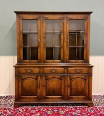 Antique English Large Bookcase Cupboard Cabinet Triple Door Glass Oak c. 1930s
