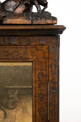 Antique carved Black Forest wood wall corner cabinet bear hunter litho
