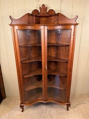 Antique Oak Double Door Serpentine Glass Corner China Cabinet