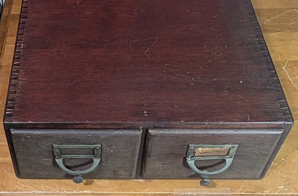 Vintage Card Catalog Oak Library Industrial Desktop 2-Drawer Wooden Circa 1930s