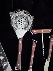 Vintage Bar Tool Set Ice Tongs Strainer Botle Opener Cork Screw Cheese Knife MCM