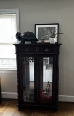 Antique Brown Wood Glass Display Cabinet with Drawers, Brass Handles, 56″ Tall
