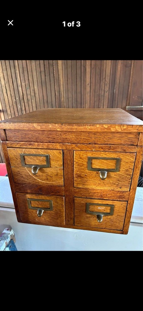 Antique Tiger Oak Card Catalog File Cabinet 4 Drawer Metal Lined Library Index
