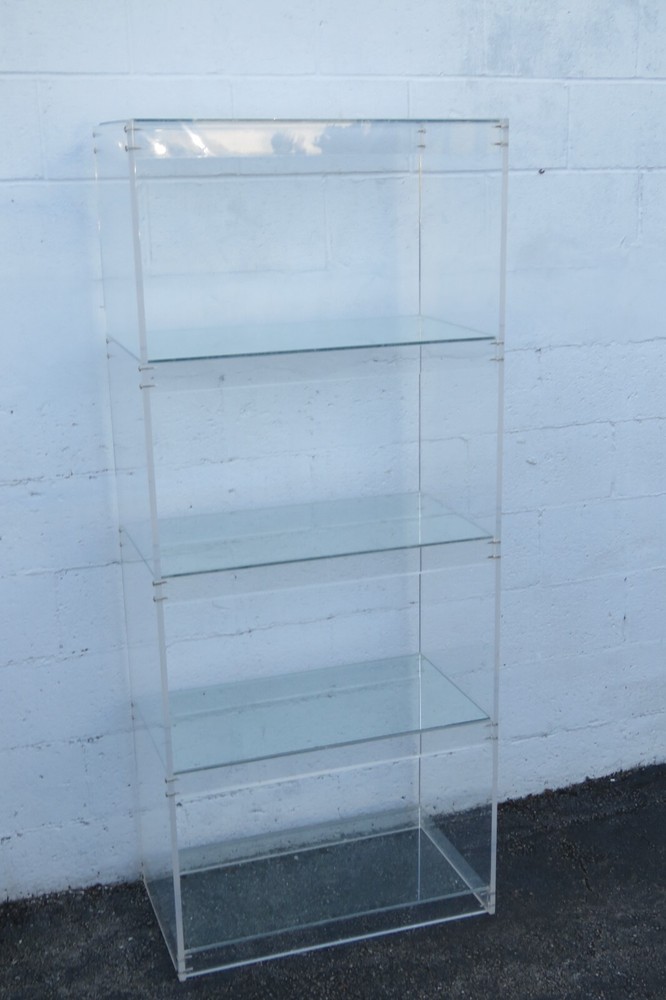 Mid Century Lucite and Glass Etagere Open Shelf Display Cabinet 5130