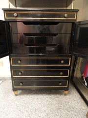 RARE CHIC 40’s GROSFELD HOUSE BLACK LACQUERED CABINET w/ CANE WORK & BRASS