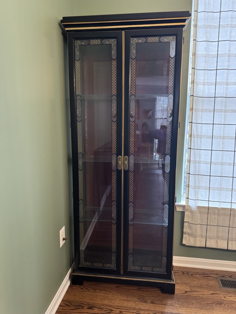 Vintage Black Lacquer Painted Wood & Glass Chinoiserie Display Cabinet