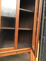 STUNNING antique Quartersawn oak corner cabinet glass doors mirrored shelf 99″ h