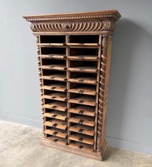 77″ Tall Antique French Apothecary Cabinet Solid Oak Carved with Compartments