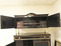 RARE CHIC 40’s GROSFELD HOUSE BLACK LACQUERED CABINET w/ CANE WORK & BRASS