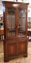 Vintage English Edwardian Style Mahogany Inlaid Corner Cabinet